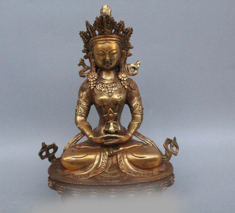 

9" Tibet Buddhism Bronze Gild Seat Amitayus longevity God Goddess Statue Sculptu