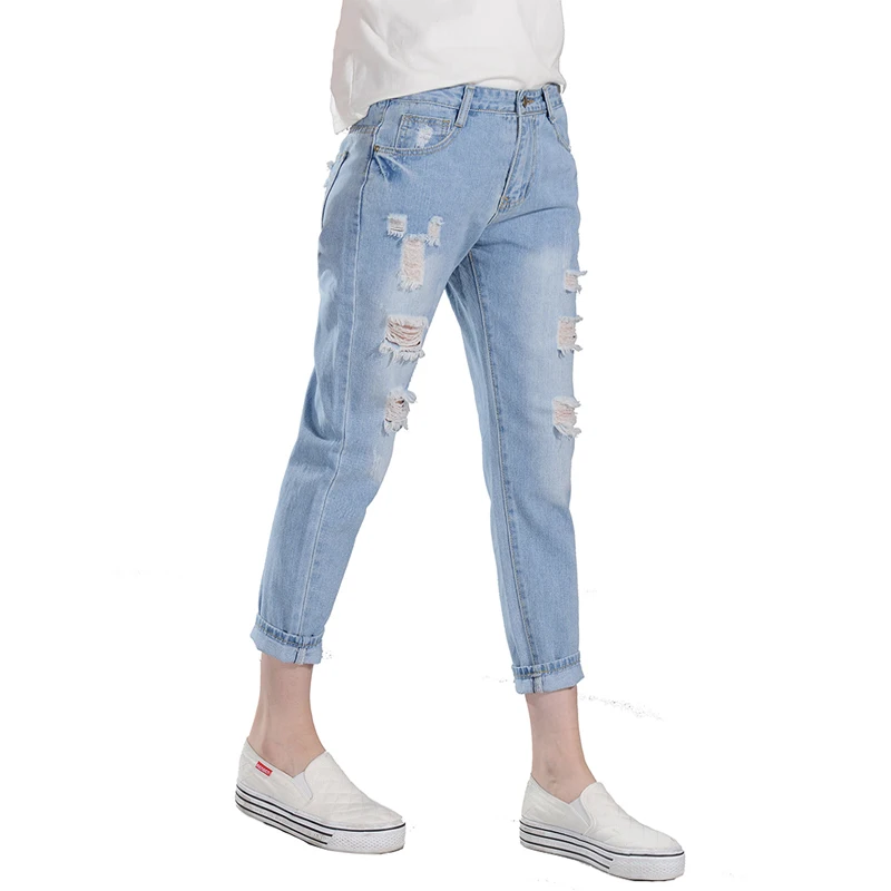 

2017 Hot Sale Women's Ripped Hole Jeans Fashion Elastic Waist Boyfriend Jeans For Woman Loose Plus Size Harem Denim Pants F210