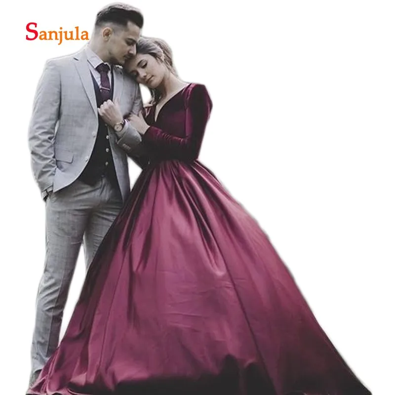 

Burgundy Velvet Long Sleeve Evening Dresses 2019 Ball Gown Satin Skirt Long Women Formal Party Dresses V Neck avondjurken D455