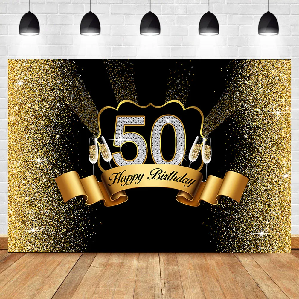 

NeoBack Gold 50th Birthday Backdrop Glitter Champagne Photography Background Vinyl Black 50th Birthday Party Banner Backdrops