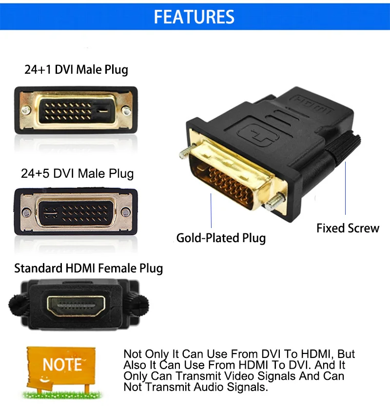 DVI 24+ 1& 24+ 5 штекер HDMI Женский конвертер HDMI к DVI адаптер Поддержка 1080P для HDTV проектора DVI-D позолоченный адаптер