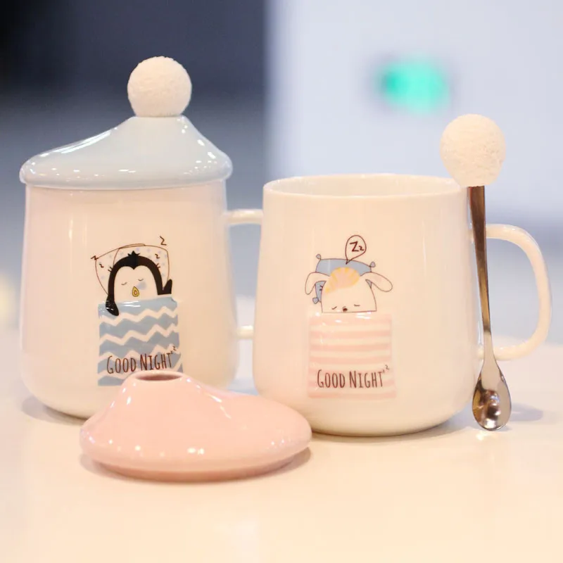 

Creative 3D relief ceramic mug cup cute cartoon couple student with cover scoop personality office drinking water cup B