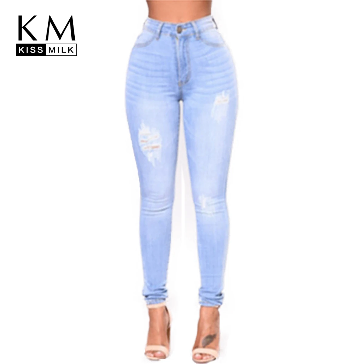 

kissmilk 2018 Autumn Casual Women Jeans Solid black Bleached High Waist Full Length Skinny Female Elasticity Lady Pencil Pants