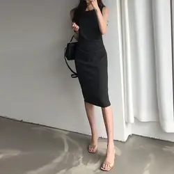2019 летнее платье для работы без рукавов с высокой талией, женская сексуальная сумка, плиссированное однотонное облегающее Платье До Колена