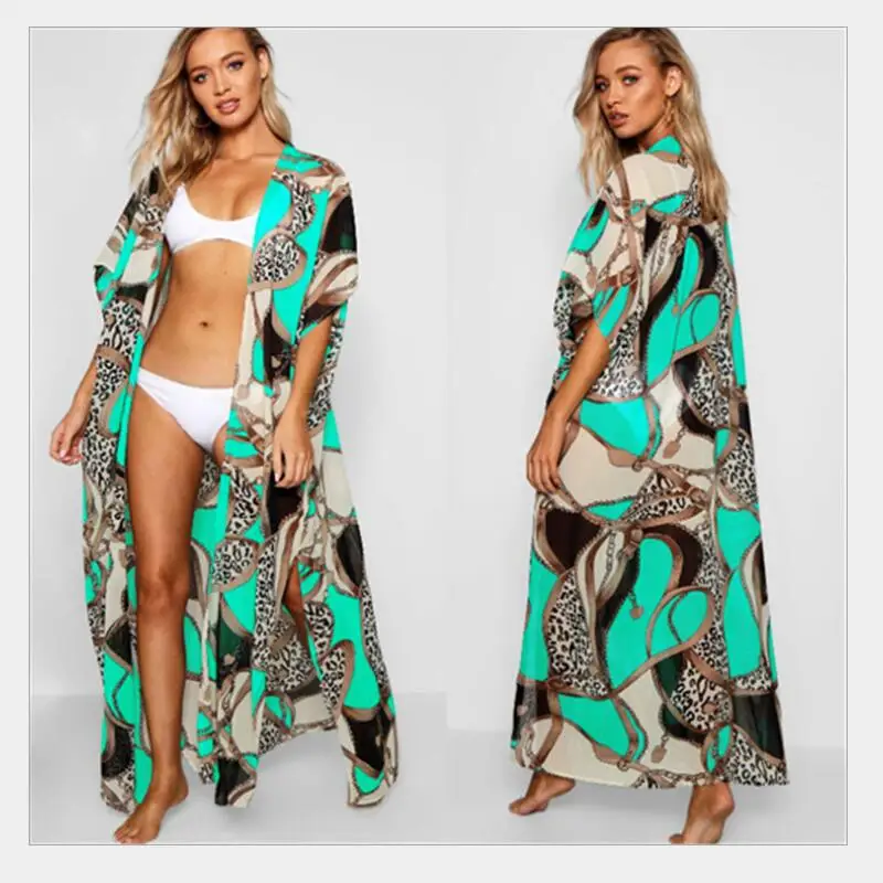 

2019 STOCK Chains Print Kimono Long Silk Kimono Wrap Bikini Cover up