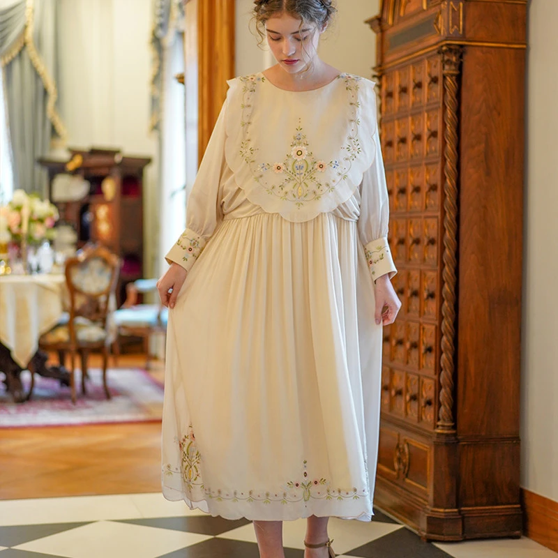 Vestido de primavera verano de diseño original para mujer, vestido largo holgado, elegante, Vintage, arroz blanco, edición limitada, bordado exquisito antiguo|Vestidos| -