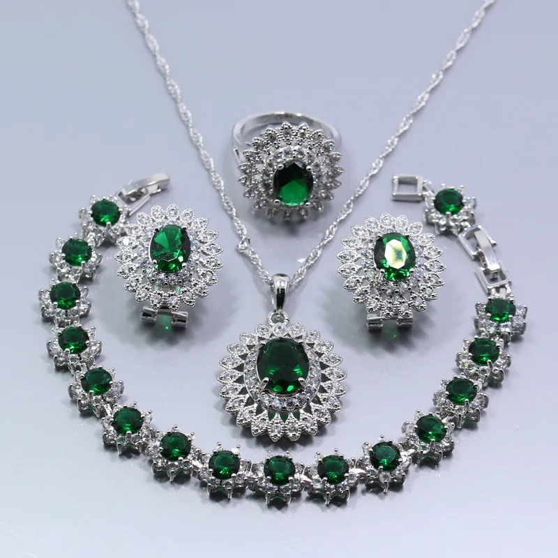 

Jolly Green Zircon Zircon Women 4PCS Jewelry Set 925 Sterling Silver Ring Size 6/7/8/9/10 Bracelet Length 18+2 CM Z68