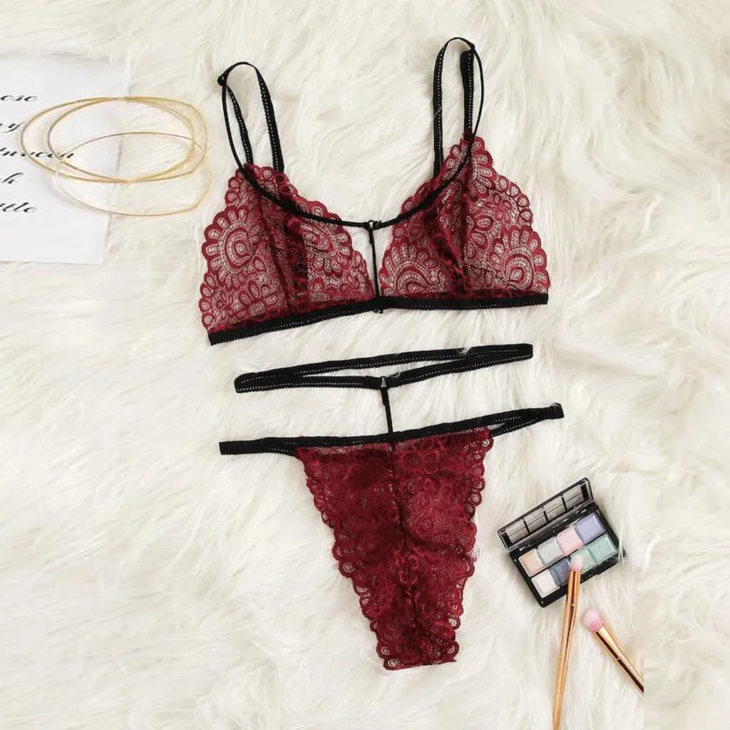 

Women's Sous Vetement Femme Sexy Ensemble Exquisite Lace Red Bra and G-string Set Cut-Out Lingerie Porno Present for Girlfriend