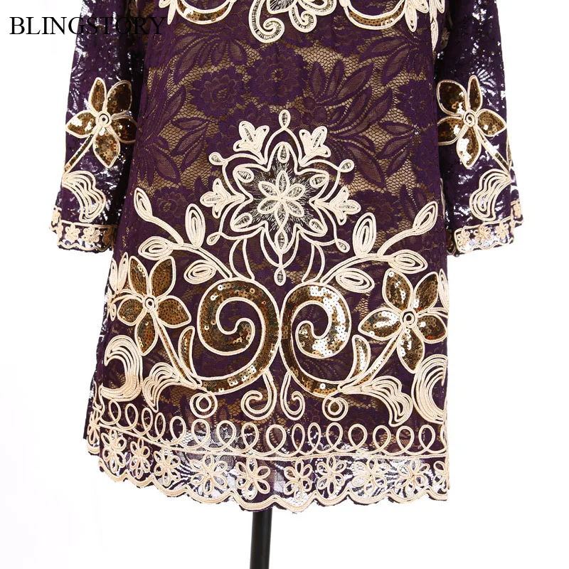BLINGSTORY Европейский высокое качество женские крюк цветок Половина рукава блесток платья размера плюс платье KR3601-3