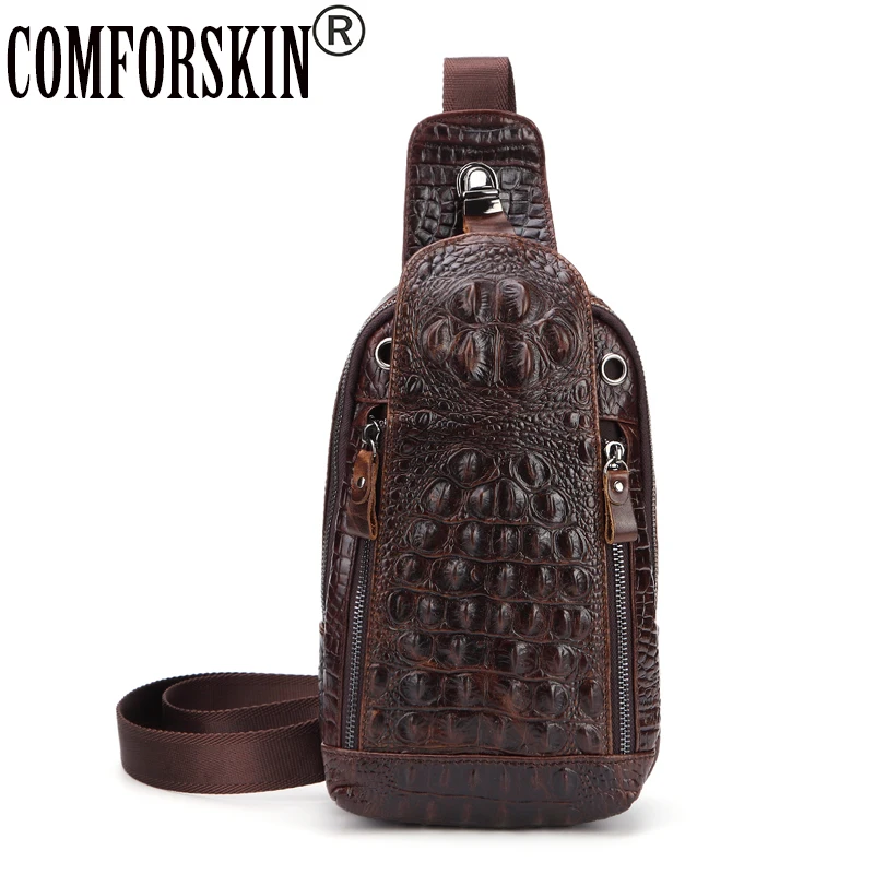 

COMFORSKIN Crocodile Pattern Series Chest Pack Alligator Men Messenger Bags 2017 100% Cow Leather Retro Cross-body Chest Bags