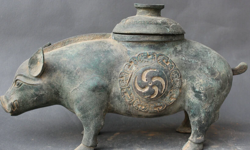 

150610 S1254 16" Old Famous Chinese Dynasty Palace Bronze Archaic Zodiac Year Pig Statue Zun