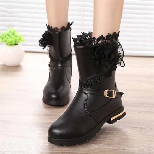 MHYONS Girls Fashion Boots Princess Lace With Bow Tie PU Leather Water