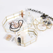 Octagon, bandeja decorativa, caja de almacenamiento de joyas de oro de cristal Vintage con fondo espejado, organizador de tocador, bandeja de tocador de escritorio