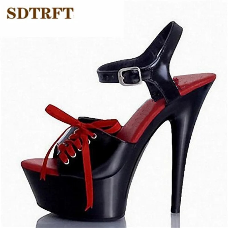 SDTRFT/Большие Размеры: 35-45, 46, летняя женская обувь с открытым носком и ленточки для сандалий 15 см, пикантная женская обувь на платформе и высоком тонком каблуке свадебные туфли-лодочки - Цвет: Черный