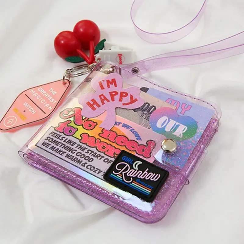 Прозрачный держатель для карт, складной короткий бумажник из ПВХ, Модный Блестящий чехол для визиток, кошелек с ремешком