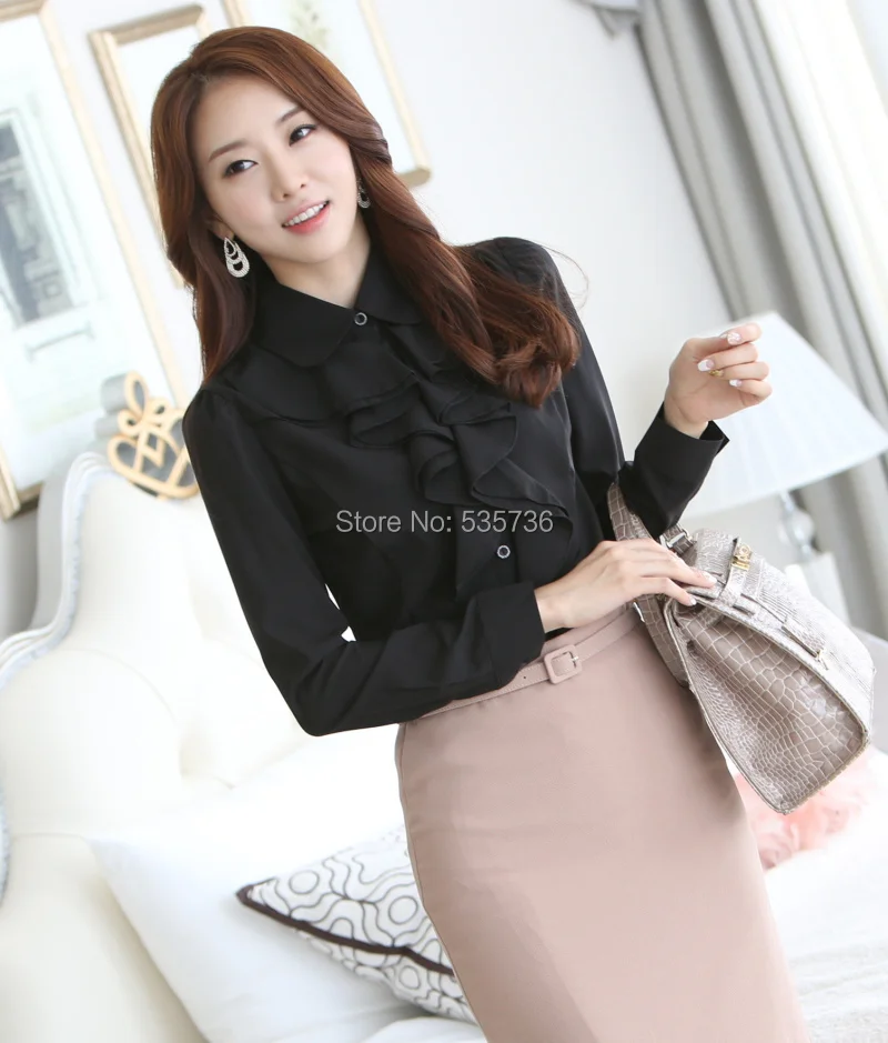 2018 whiite Chiffon blouse shirt Long Sleeve women Shirts Korean Fashion Ruffles Ladies Black Office Blouses Women Cothes 8C81