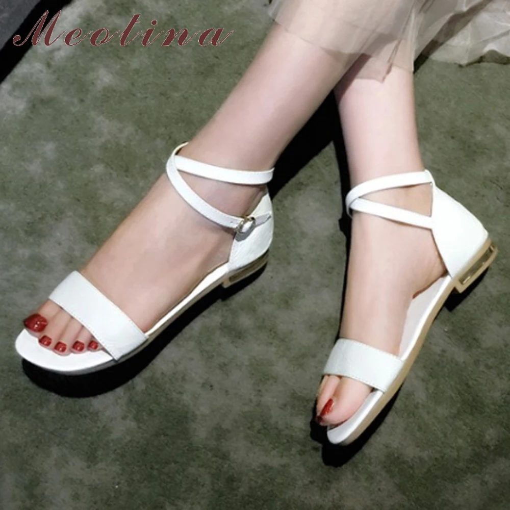 Meotina/женские босоножки; Летняя обувь из натуральной кожи на плоской подошве; обувь с перекрестными ремешками; женские сандалии из коровьей кожи с пряжкой; большой размер 46