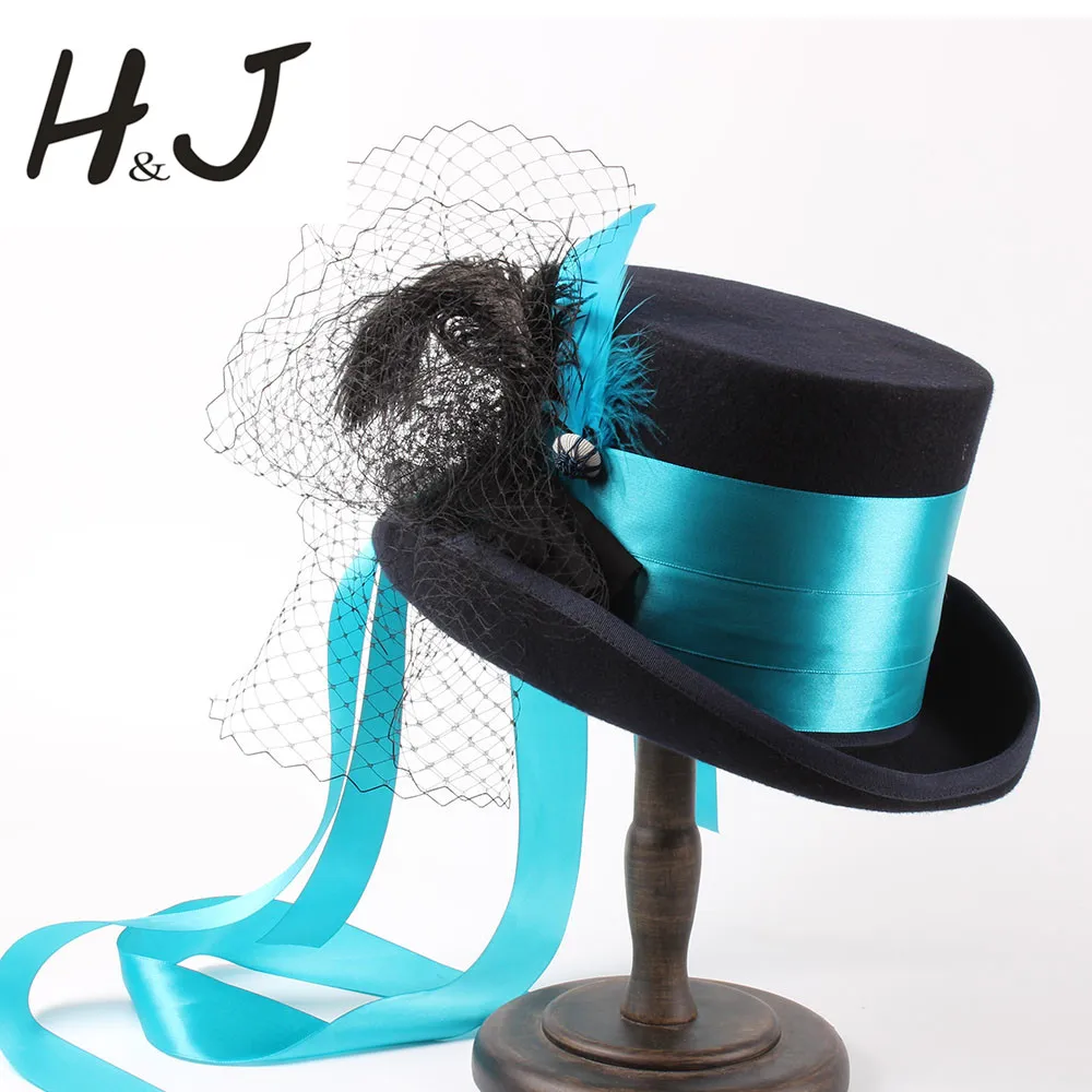 

15CM Handwork 4 Size Black Wool Women Steampunk Fedora Top Hat For Lady Mesh Traditional Beaver Party Wedding Hat