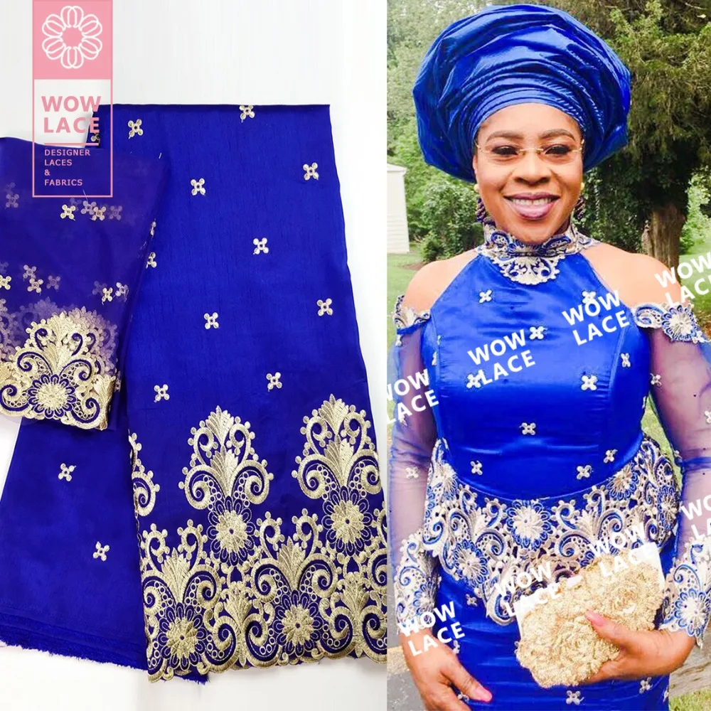 

Gold Line Embroidered Sequined African George Lace Fabric With 2 Yards Net For Blouse Sewing Nigeria Royal Blue George Silk Lace