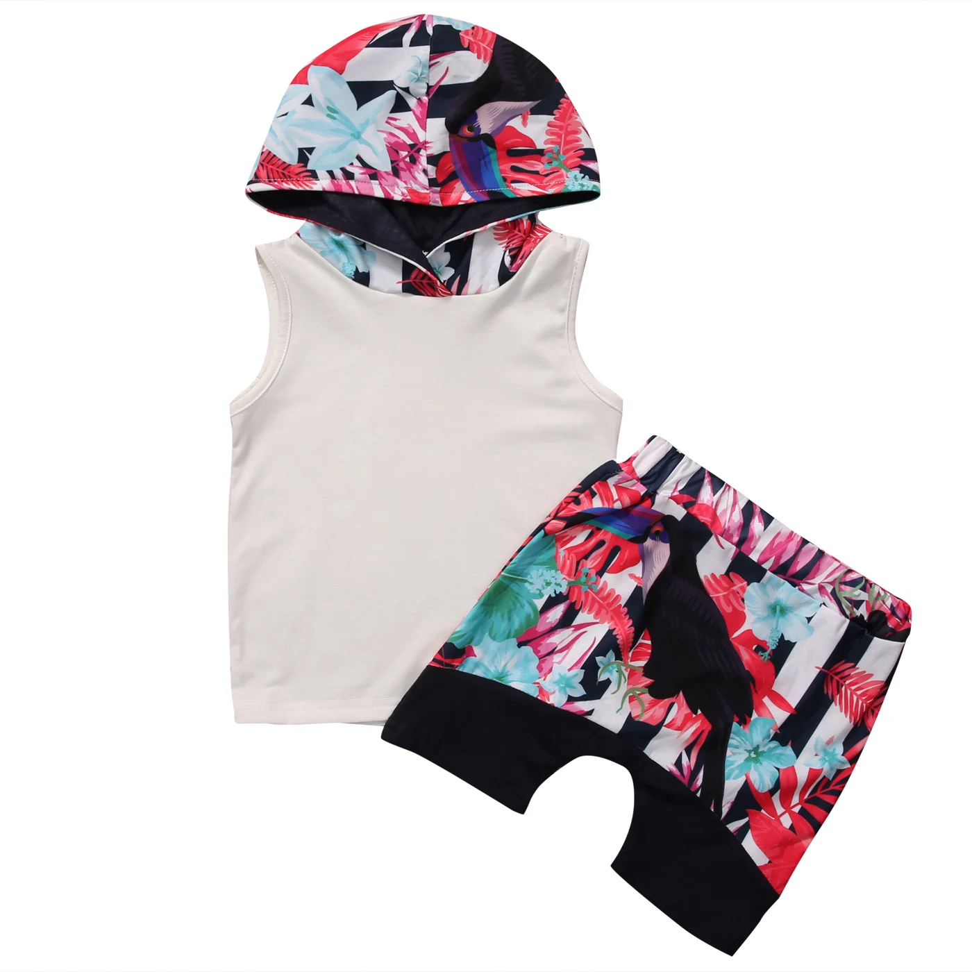

2PCS Set Toddler Kids Boy Clothes Set 2017 Summer Sleeveless Floral Hooded Vest Top +Printed Shorts Outfits Children Suit 0-4Y