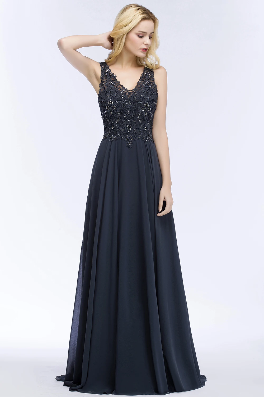 Misshow вечернее платье великолепное длинное темно-синее шифоновое официальное платье Элегантное сексуальное с v-образным вырезом без рукавов robe de soiree