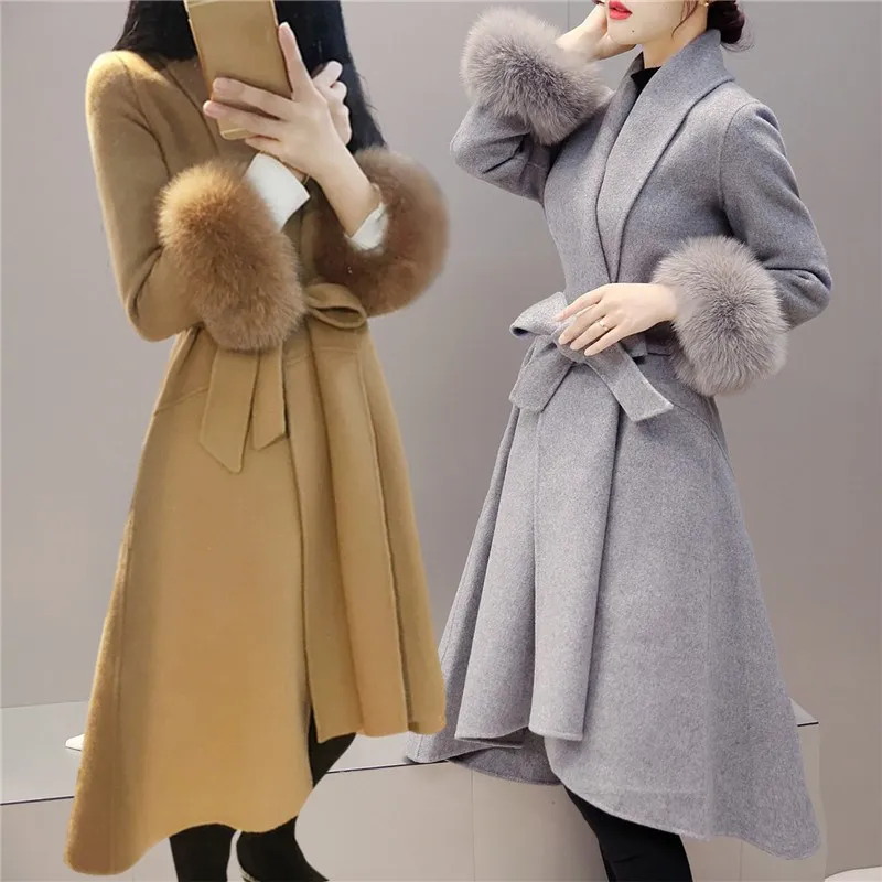 

Elegant Slim Women Wool Blend Coat Autumn Winter Long Wool Coat and Jacket Solid Fur Blend Outerwear Plus Size