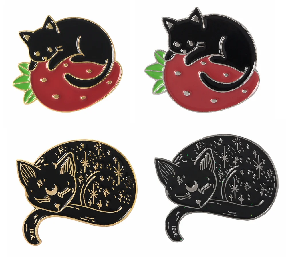 

4 Styles Punk Beautiful Darkness Starry Sky Magic Enamel Pin Cute Sleepy Creative Strawberry Cat Brooch Badge Gift for Friends