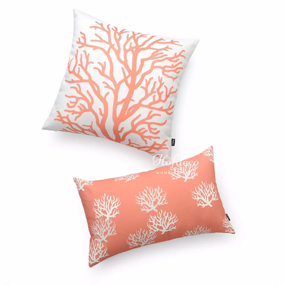 2Pcs Throw Lumbar Pillow Cover Set Canvas Coral Ivory Beach Coastal Sofa Decorin Cushion Cover