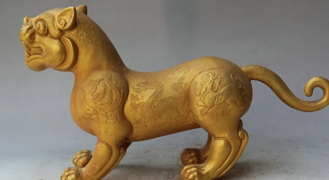

JP S0524 14" Old Chinese Dynasty palace Copper Gild White Tiger Beast Statue sculpture