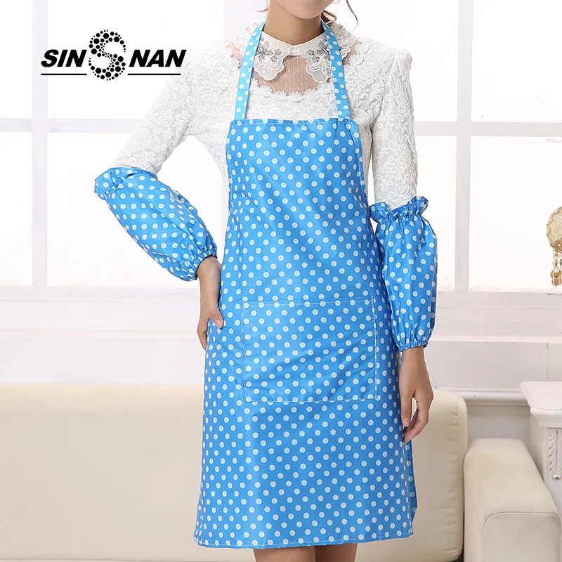 

SINSNAN PVC Waterproof Apron For Women Kitchen Apron For Baking Pinafore With Pockets Chef Cuff And Apron Set Cafe Home Dot Bib