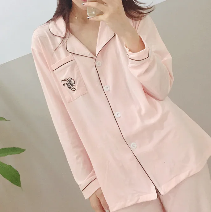 Womens Pj Suit 2 Pieces Pajamas Kawaii Korean Style Long Sleeve Button-Down Silk Satin Sleepwear ouc008a