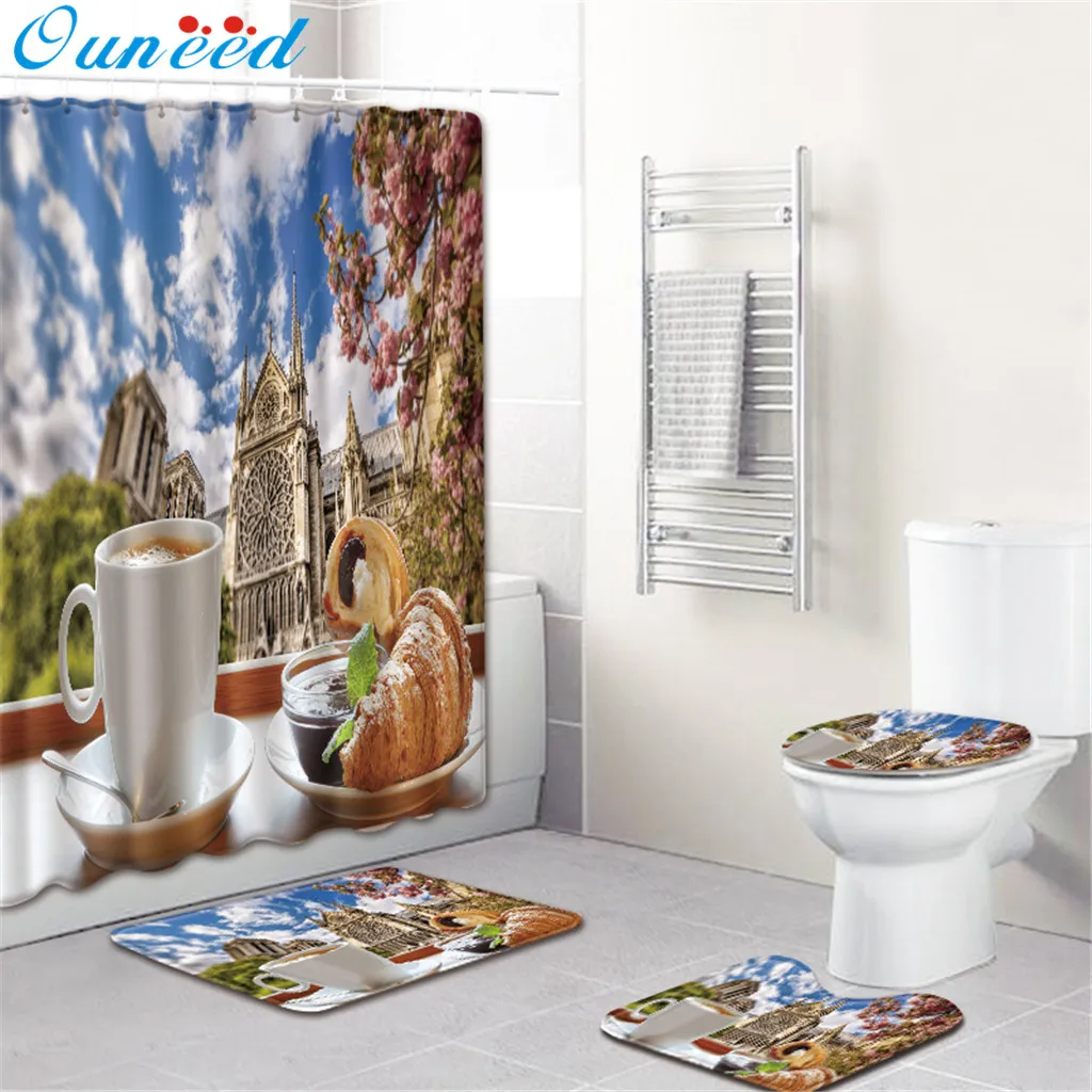

Ouneed 4 PCS classical building Shower Curtains set Anti-slip Toilet Polyester Cover Mat Set Bathroom Shower Curtains drop ship