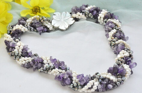 

huij 004532 6Strds BLACK WHITE BAROQUE PEARL amethyst handweaving NECKLACE