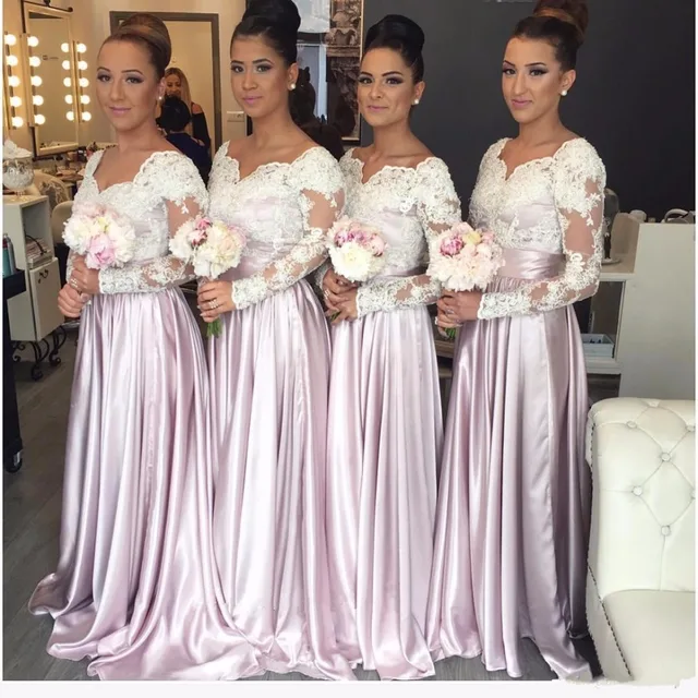 Best Offers Pink Long Modest Bridesmaid Dresses With Long Sleeves Lace Appliques Silk like Satin A-line Formal Country Bridesmaid Gowns 2019 Best Offers Pink Long Modest Bridesmaid Dresses With Long Sleeves Lace Appliques Silk like Satin A-line Formal Country Bridesmaid Gowns 2019