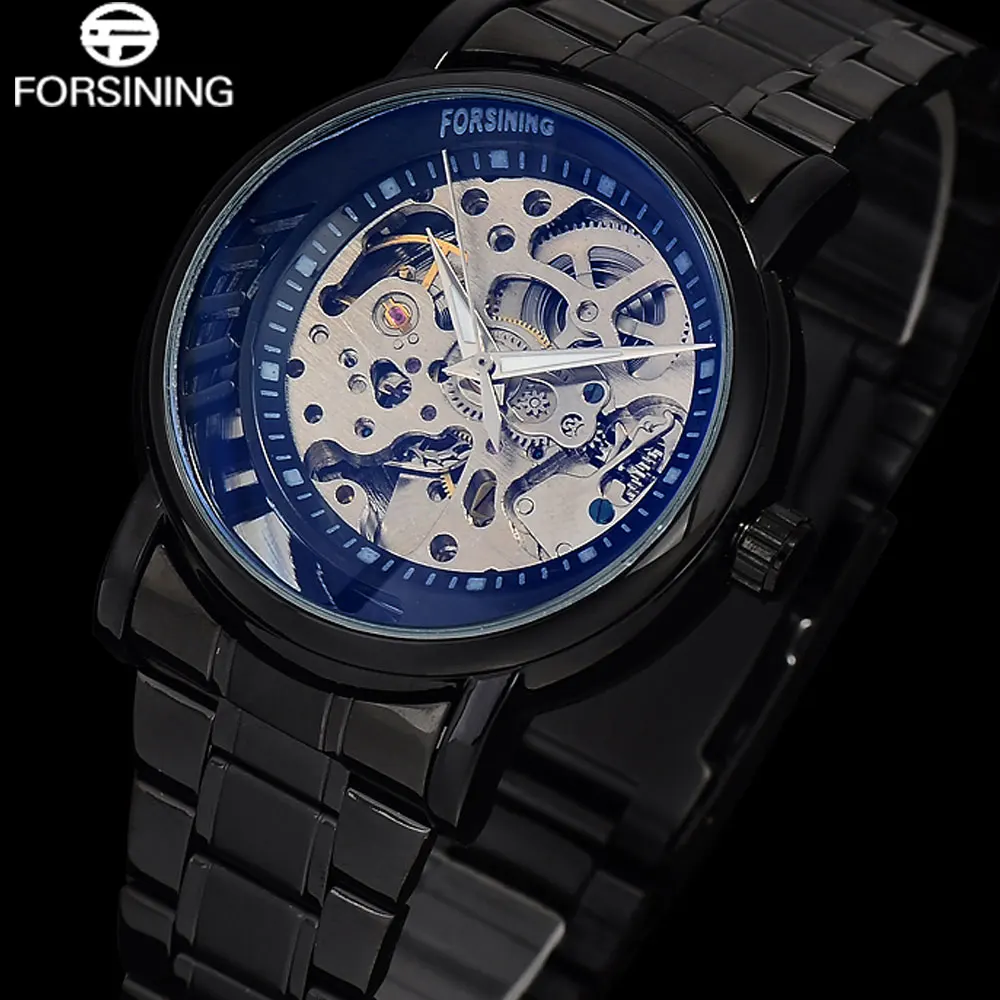 

FORSINING Fashion Men's Skeleton Watches Men Casual Atuomatic Mechanical Wristwatches Black Stainless Steel Relogio Masculino