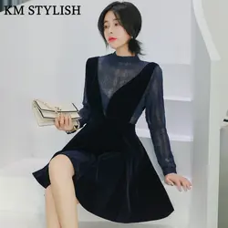 Осень 2018 Новая мода перспектива Для женщин комплект круглый вырез горловины с длинным рукавом сетки Топ + ремень темно-синий Velvet A-Line Dress