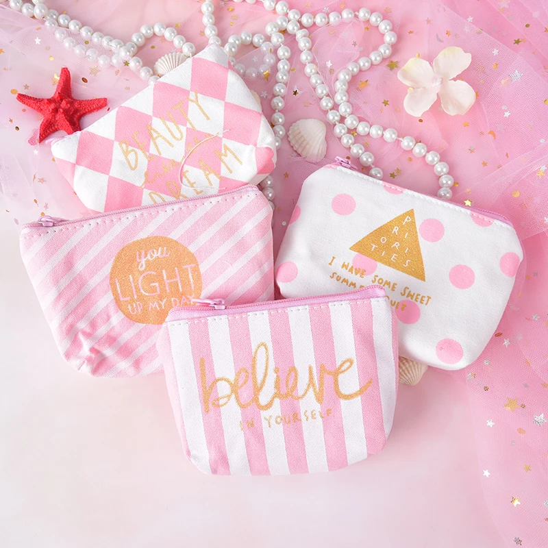 1PC Canvas Cute Pink Cosmetic Bag Women Sweet Zipper Purse Makeup Bag