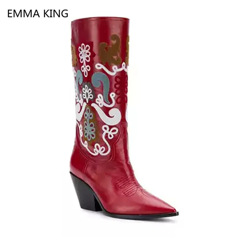 

2019 Autumn Winter New Pointed Toe High Heels Women Long Boots Red Black Leather Embroidered Shoes Woman Knee High Martin Boots