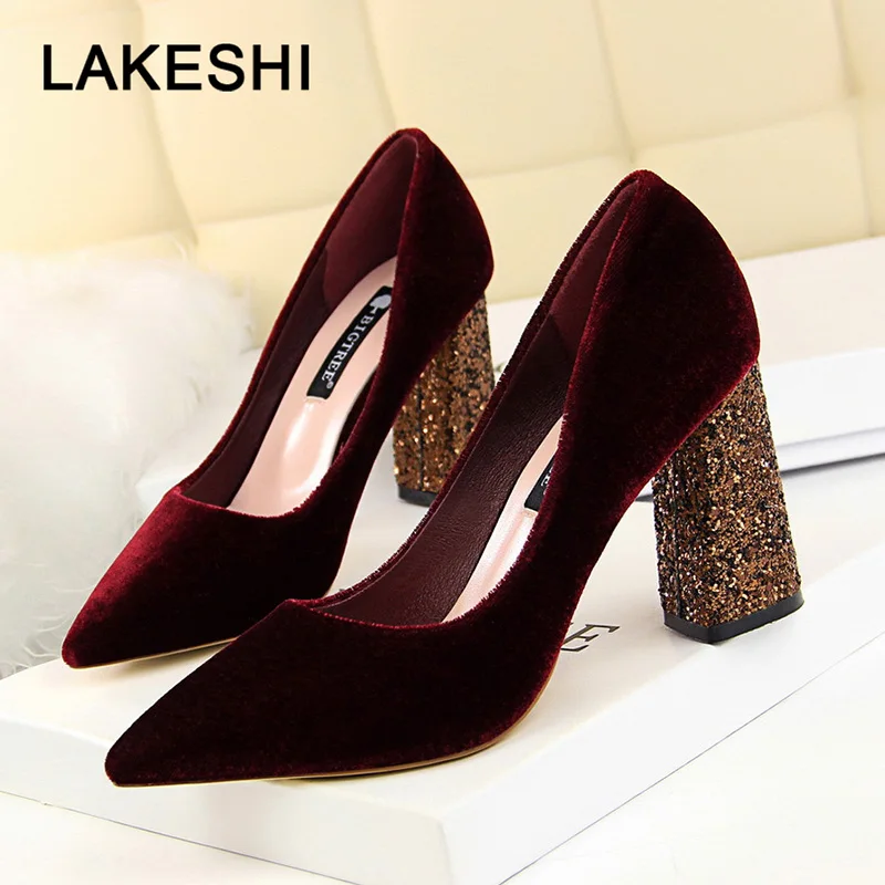 

Women High Heels Shoes 2019 New Fashion Women Pumps Square Heel Ladies Wedding Shoes Sexy Suede Stiletto