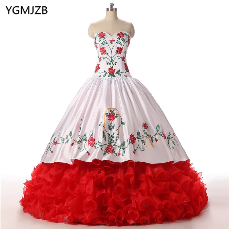 Винтажное бальное платье Quinceanera красное белое с вышивкой и оборками 16 платьев для