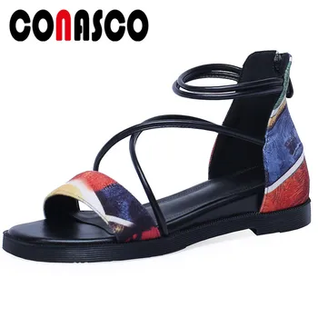 

CONASCO Sexy Sandals Women Back Zipper Concise Sandals Fashion Comofrtable Cowhide Low Heel Sandals Summer Leisure Shoes Woman