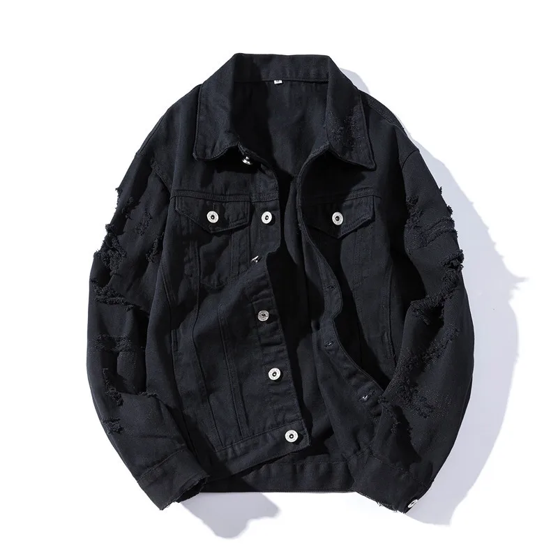 

Men Pink Black Denim Jackets Outerwear Jean Coats New Spring Autumn Men Holes Jean Jackets Men Slim Denim Jackets Size 3XL