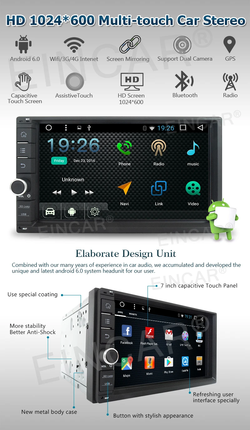 Top In-dash Android 6.0 WIFI 7"Double 2DIN Car Radio GPS Stereo no-DVD Player dab+ 0