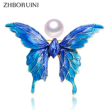ZHBORUINI 2019 本物の天然真珠のブローチブルーエナメル蝶真珠ピン淡水真珠の宝石のギフトアクセサリ(China)