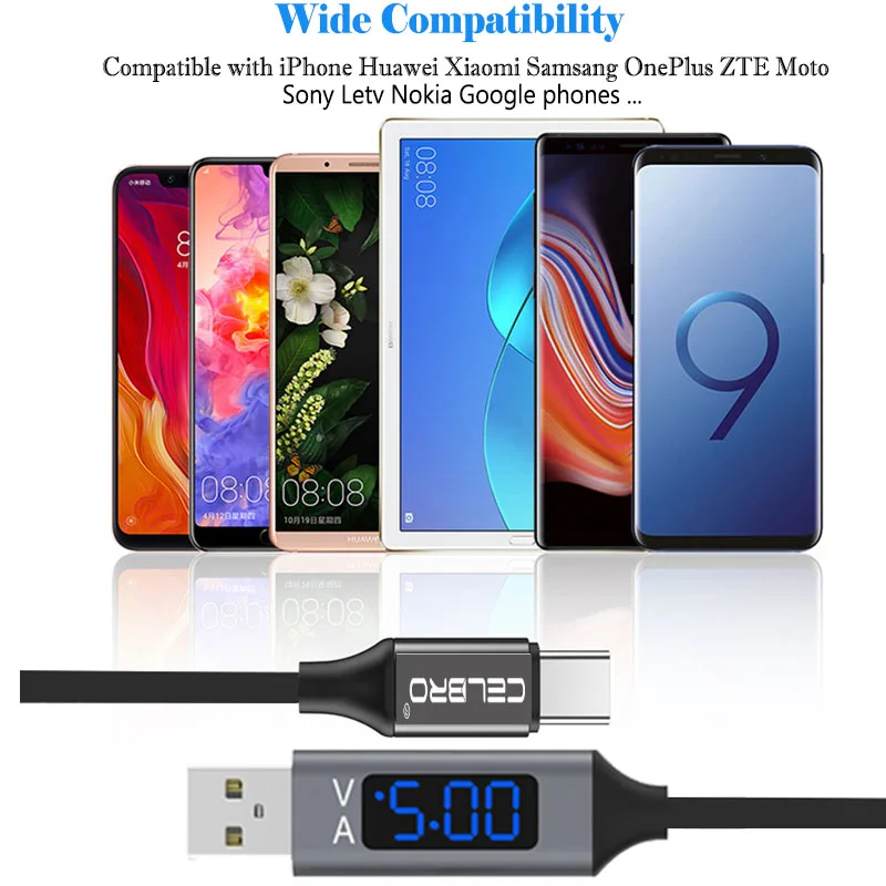 Кабель Usb C для быстрой зарядки с светодиодный цифровым дисплеем Usb type-C кабель для передачи данных для samsung Galaxy S10 Note10+ A50 A90 huawei