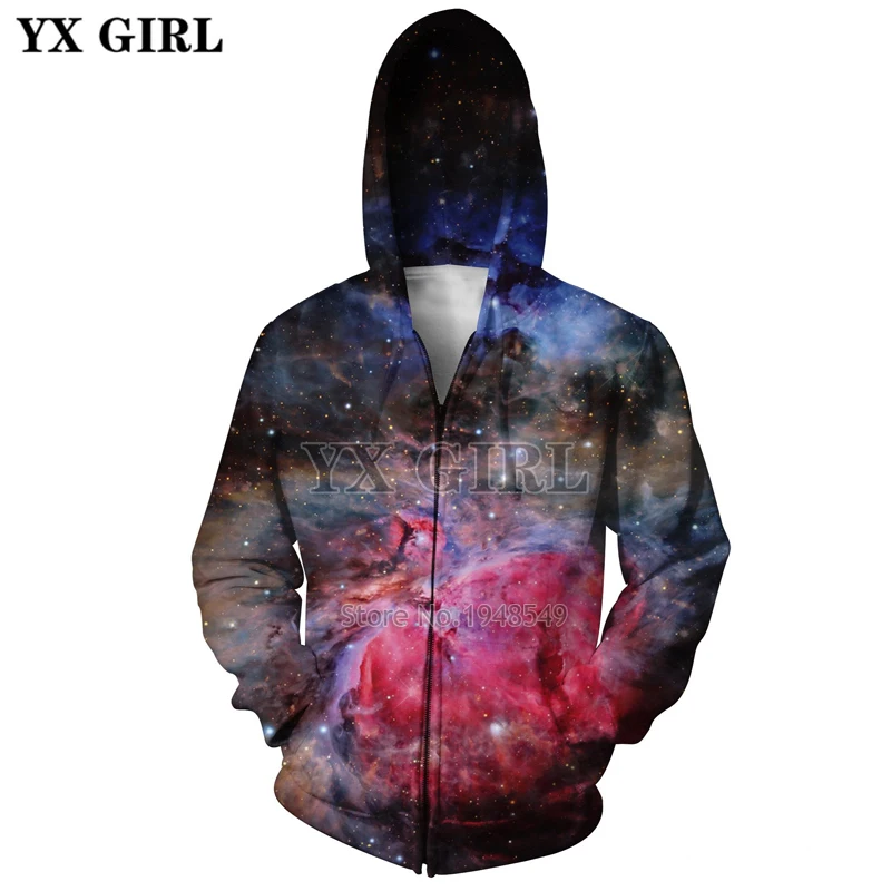 

YX GIRL Galaxy Space hoodies 2018 autumn New Fashion Zipper Hoodie Paisley Nebula Print 3d Mens Womens Hooded jacket