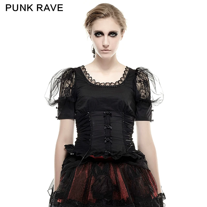 

PUNK RAVE Gothic Lolita Black Women tops Steampunk Vintage T-shirt Sexy Lace Short Sleeve Tops Shirt