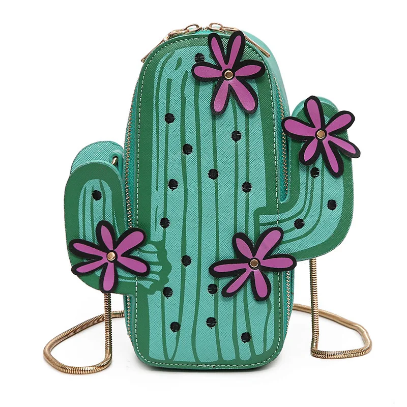

Cute Green Cactus Flower Shoulder Bag Lady Casual Korean Chain Handbags Women Small Leather Messenger Bags