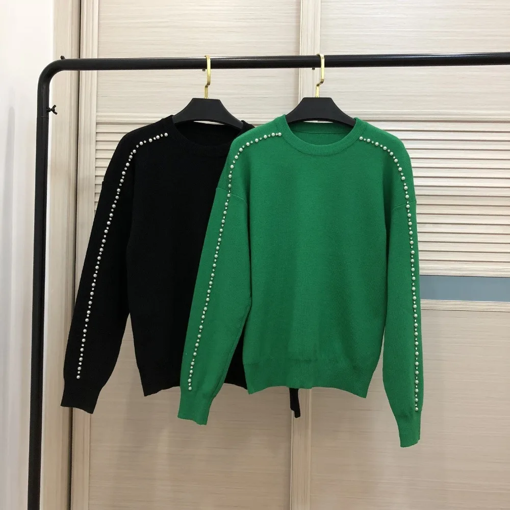 Новинка, европейский стиль, женский свитер, круглый вырез, длинный рукав, пуловеры, индивидуальность, бисерные рукава, вязанные топы, зеленый, черный свитер