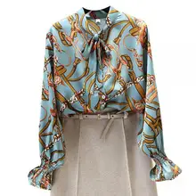 Женская стильная блузка с принтом цепей, с галстуком-бабочкой, с воротником, с длинным рукавом, негабаритная рубашка, женские повседневные винтажные шикарные свободные топы, Blusas T345